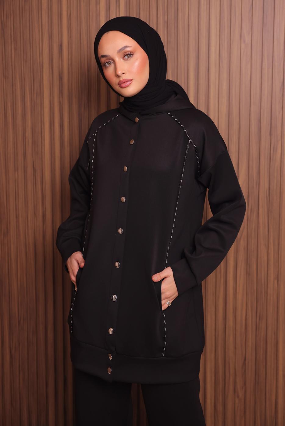 Tesettür giyim SİYAH PANTOLONLU KAPÜŞONLU TAKIM T 3935