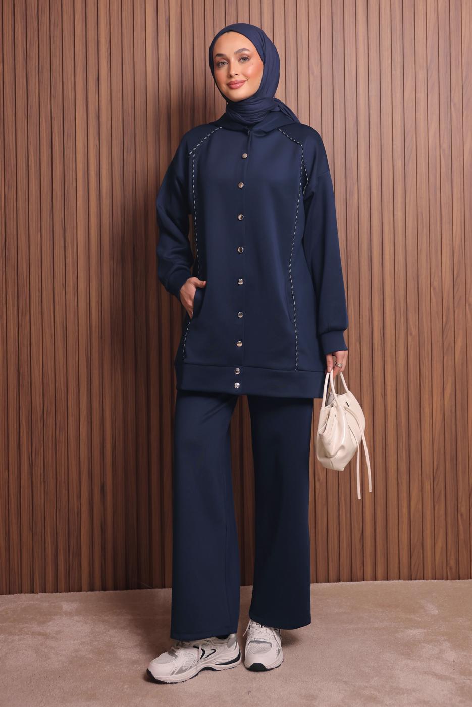 Tesettür giyim LACİVERT PANTOLONLU KAPÜŞONLU TAKIM T 3935