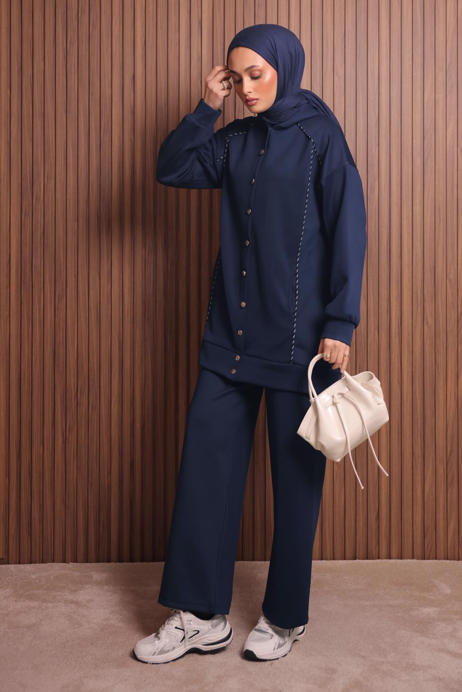 Tesettür giyim LACİVERT PANTOLONLU KAPÜŞONLU TAKIM T 3935