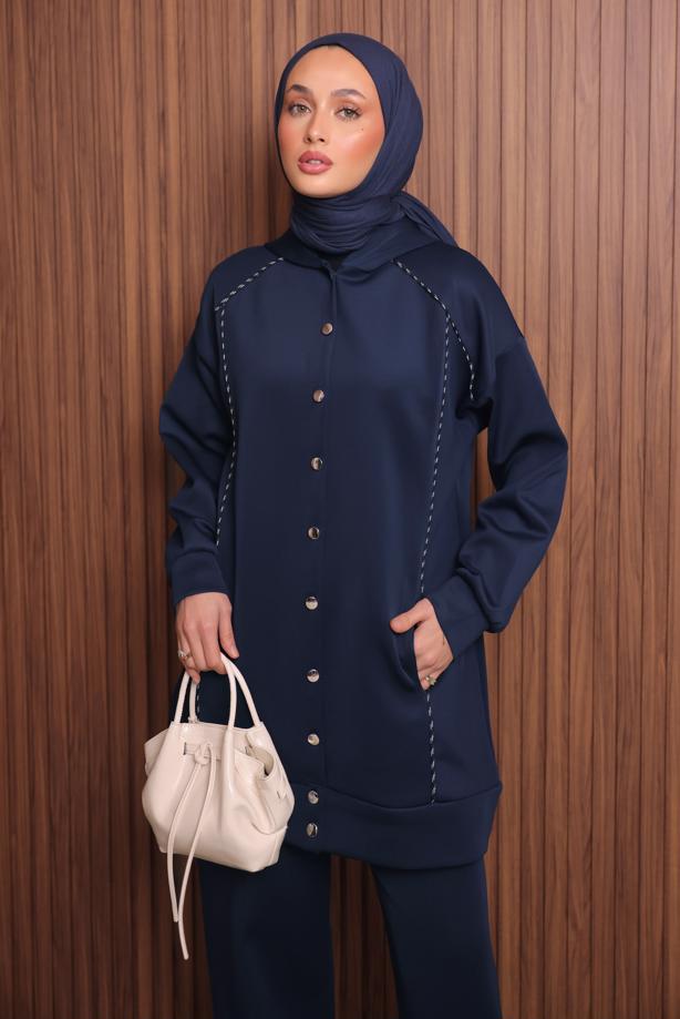 Tesettür giyim LACİVERT PANTOLONLU KAPÜŞONLU TAKIM T 3935 - TRENDTESETTÜR