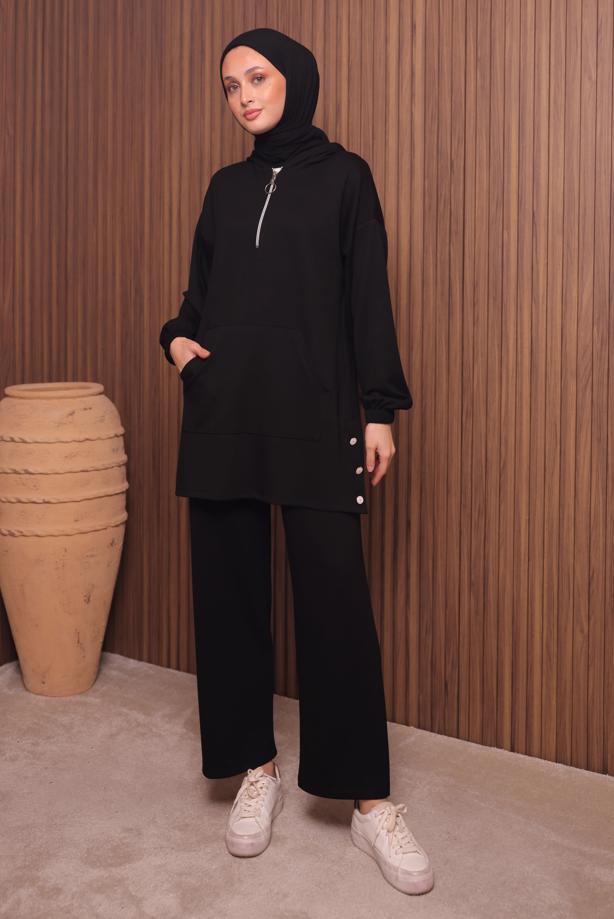 Tesettür giyim SİYAH T 4017 NSS PANTOLONLU SCUBA TAKIM - TRENDTESETTÜR