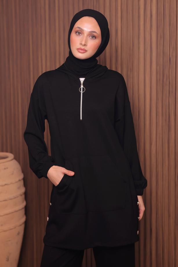 Tesettür giyim SİYAH T 4017 NSS PANTOLONLU SCUBA TAKIM - TRENDTESETTÜR