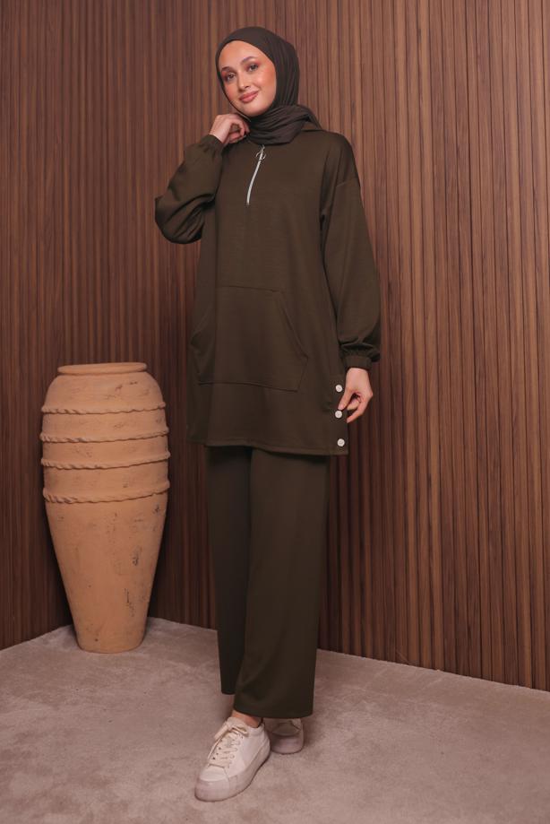 Tesettür giyim KAHVE T 4017 NSS PANTOLONLU SCUBA TAKIM - TRENDTESETTÜR