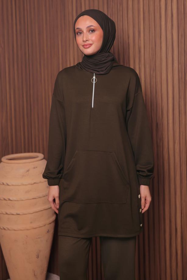 Tesettür giyim KAHVE T 4017 NSS PANTOLONLU SCUBA TAKIM - TRENDTESETTÜR