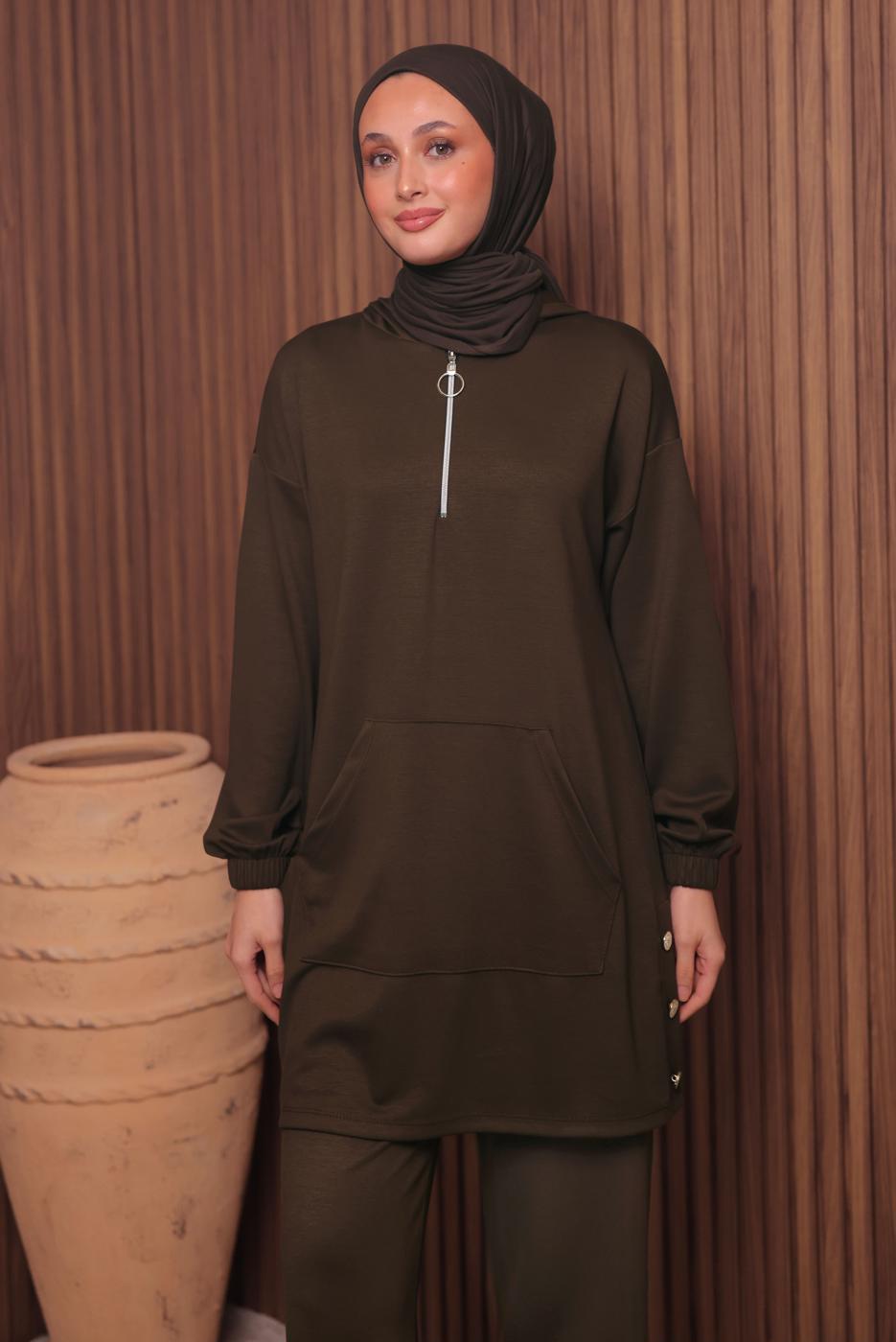 Tesettür giyim KAHVE T 4017 NSS PANTOLONLU SCUBA TAKIM