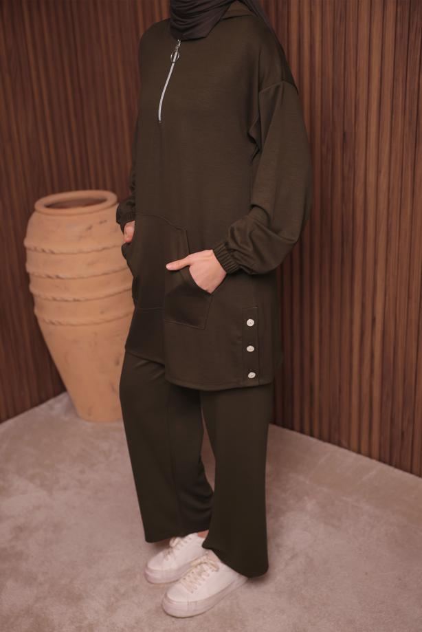 Tesettür giyim KAHVE T 4017 NSS PANTOLONLU SCUBA TAKIM - TRENDTESETTÜR