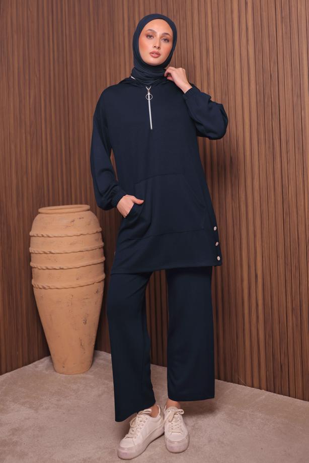 Tesettür giyim LACİVERT T 4017 NSS PANTOLONLU SCUBA TAKIM - TRENDTESETTÜR