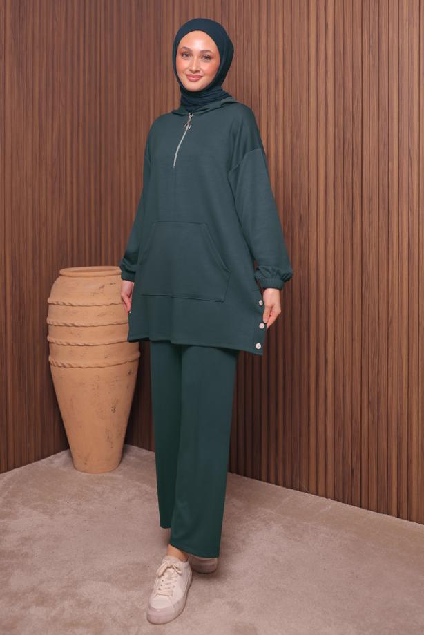 Tesettür giyim GRİ T 4017 NSS PANTOLONLU SCUBA TAKIM - TRENDTESETTÜR