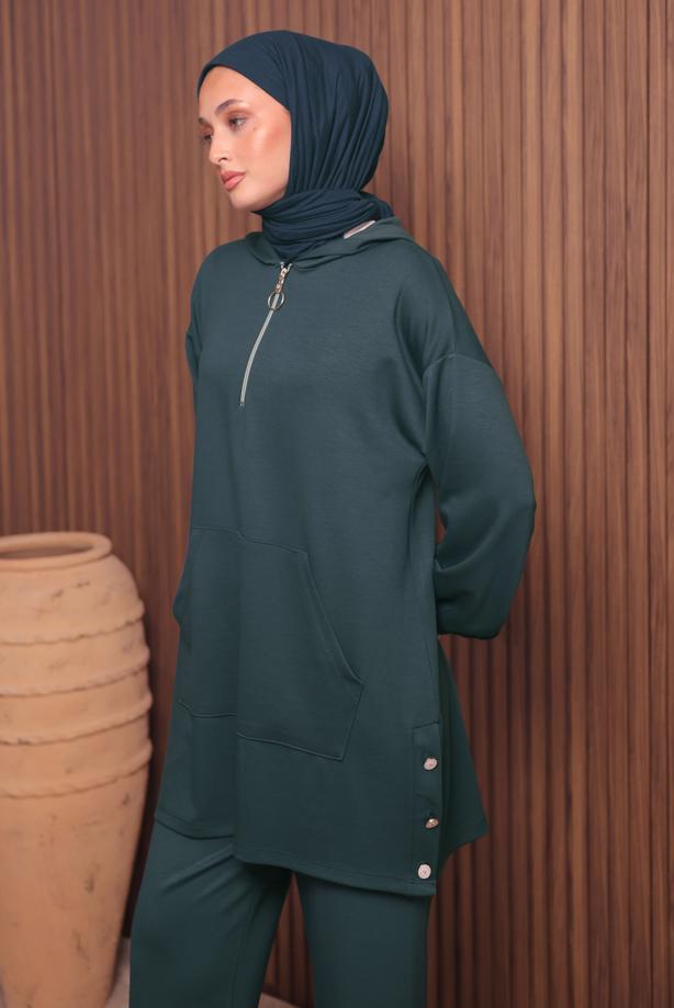 Tesettür giyim GRİ T 4017 NSS PANTOLONLU SCUBA TAKIM - TRENDTESETTÜR