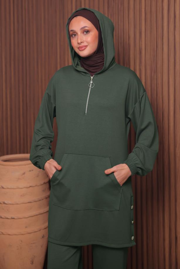 Tesettür giyim YEŞİL T 4017 NSS PANTOLONLU SCUBA TAKIM - TRENDTESETTÜR