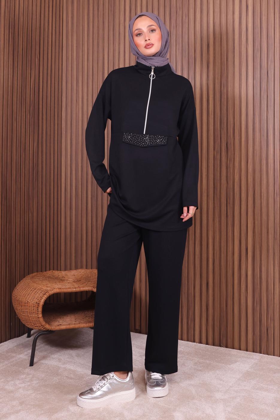 Tesettür giyim SİYAH PANTOLONLU FERMUARLI TAKIM T 4035