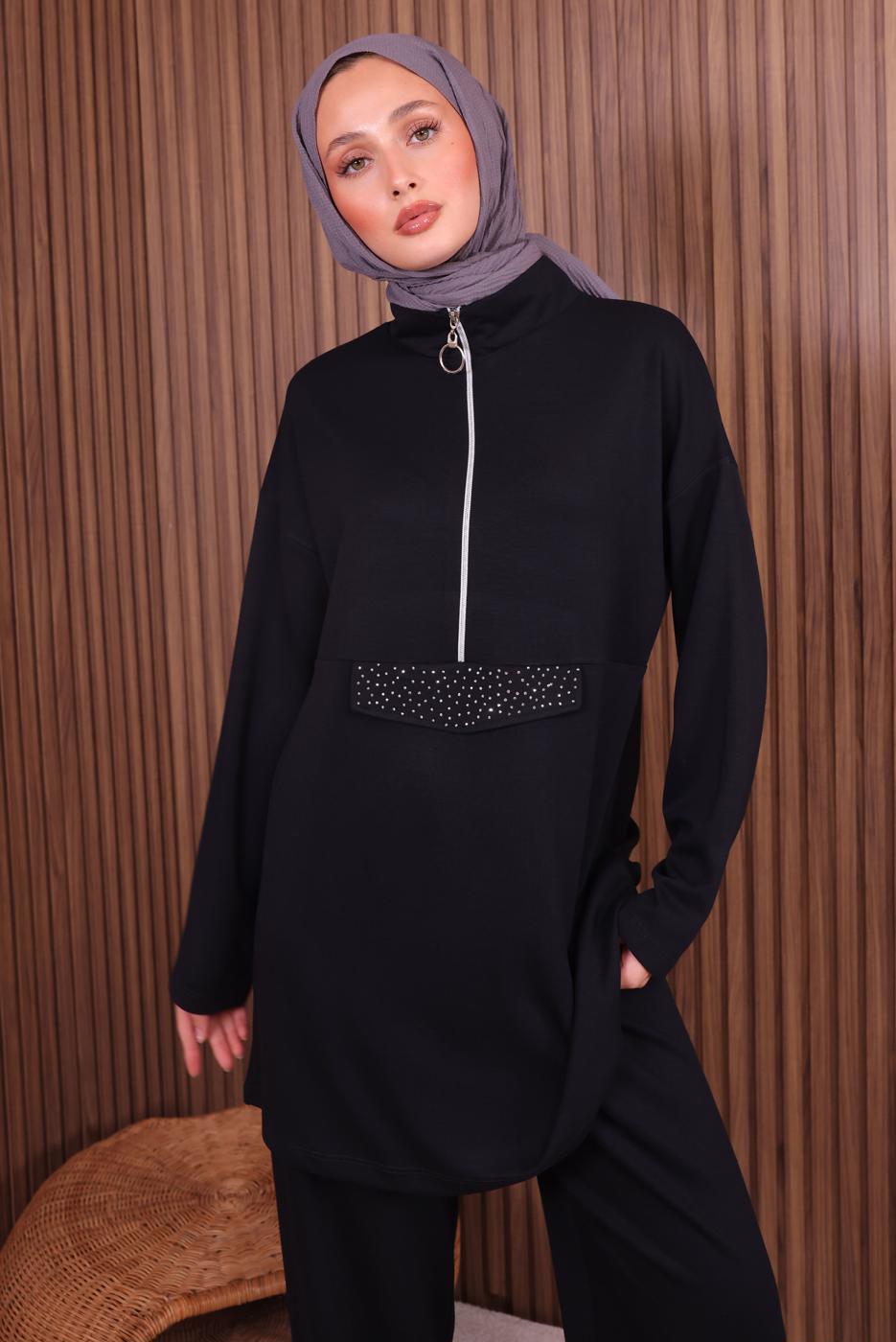 Tesettür giyim SİYAH PANTOLONLU FERMUARLI TAKIM T 4035