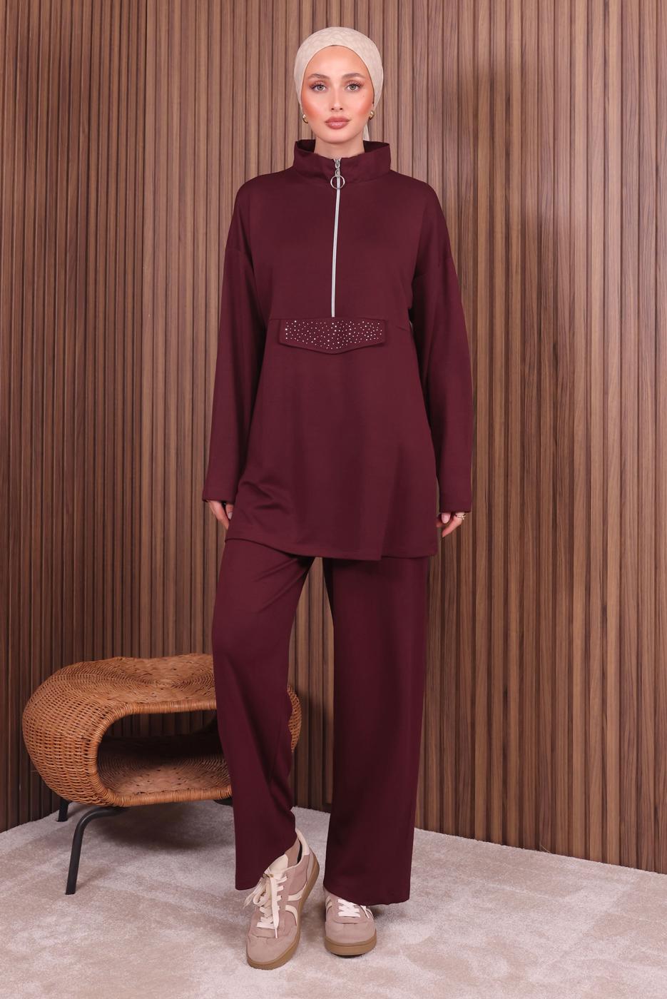 Tesettür giyim BORDO PANTOLONLU FERMUARLI TAKIM T 4035