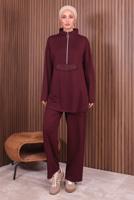 Tesettür giyim BORDO PANTOLONLU FERMUARLI TAKIM T 4035