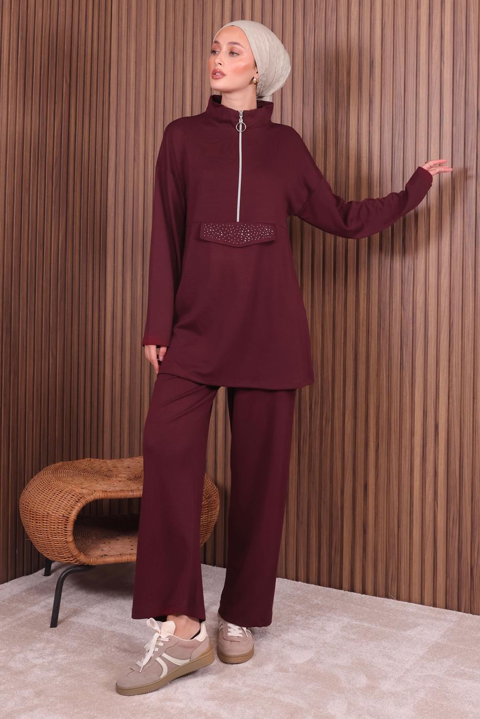 Tesettür giyim BORDO PANTOLONLU FERMUARLI TAKIM T 4035