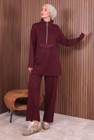 Tesettür giyim BORDO PANTOLONLU FERMUARLI TAKIM T 4035