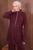 Tesettür giyim BORDO PANTOLONLU FERMUARLI TAKIM T 4035