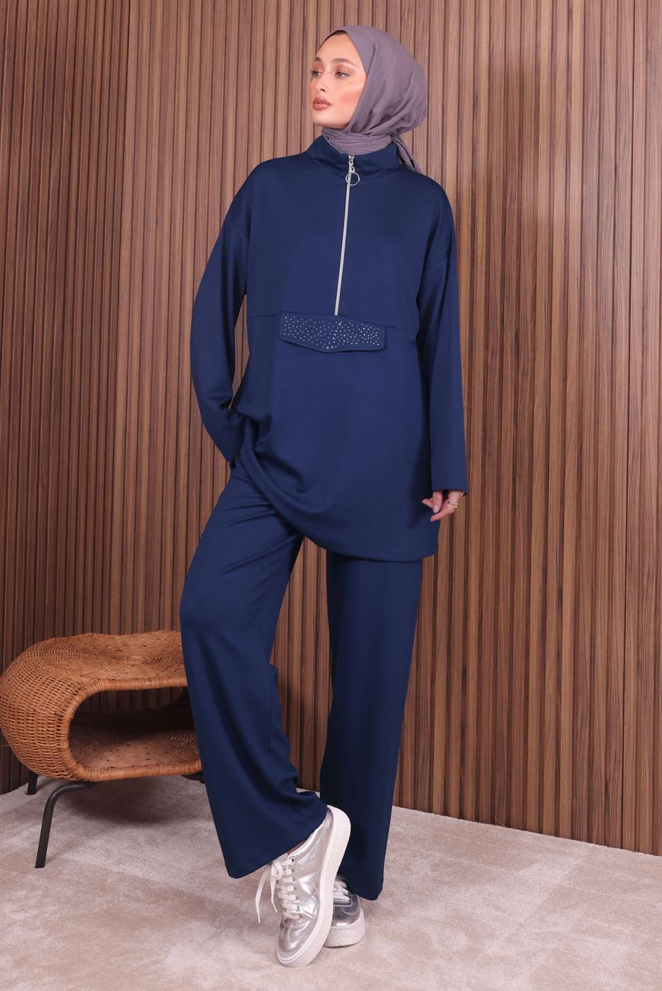 Tesettür giyim LACİVERT PANTOLONLU FERMUARLI TAKIM T 4035