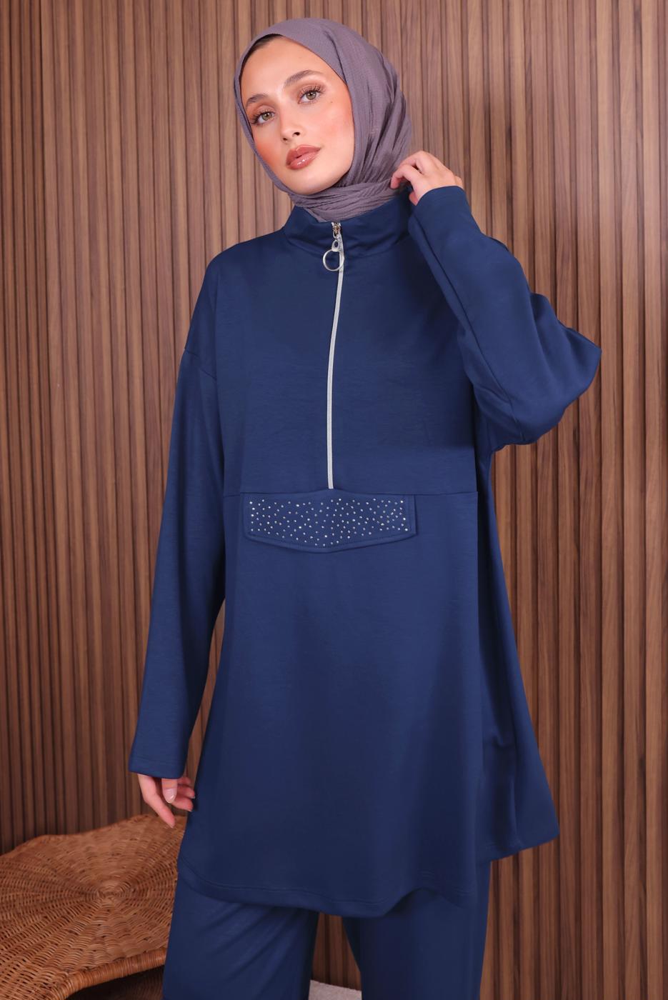 Tesettür giyim LACİVERT PANTOLONLU FERMUARLI TAKIM T 4035