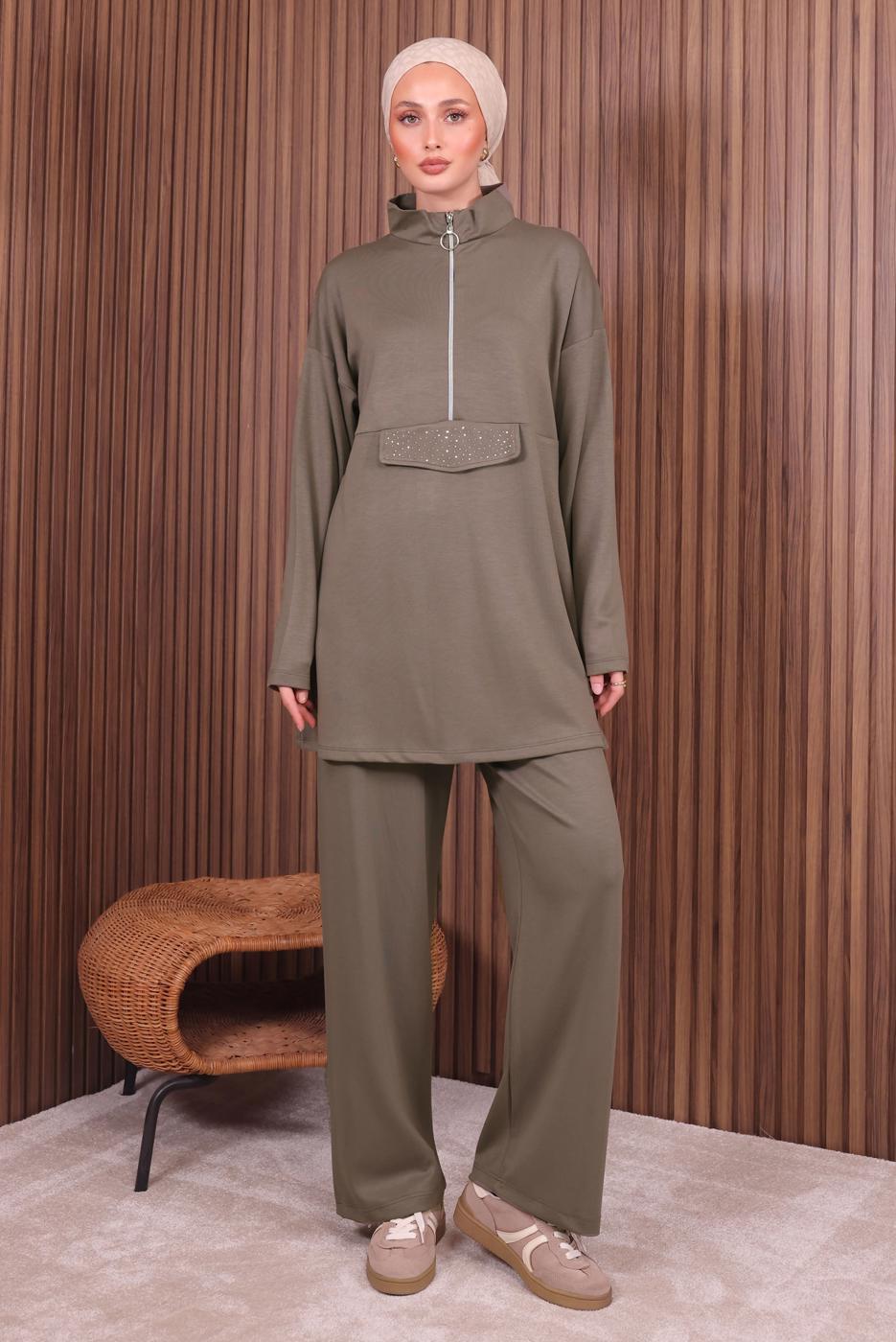 Tesettür giyim VİZON PANTOLONLU FERMUARLI TAKIM T 4035