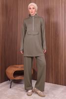 Tesettür giyim VİZON PANTOLONLU FERMUARLI TAKIM T 4035