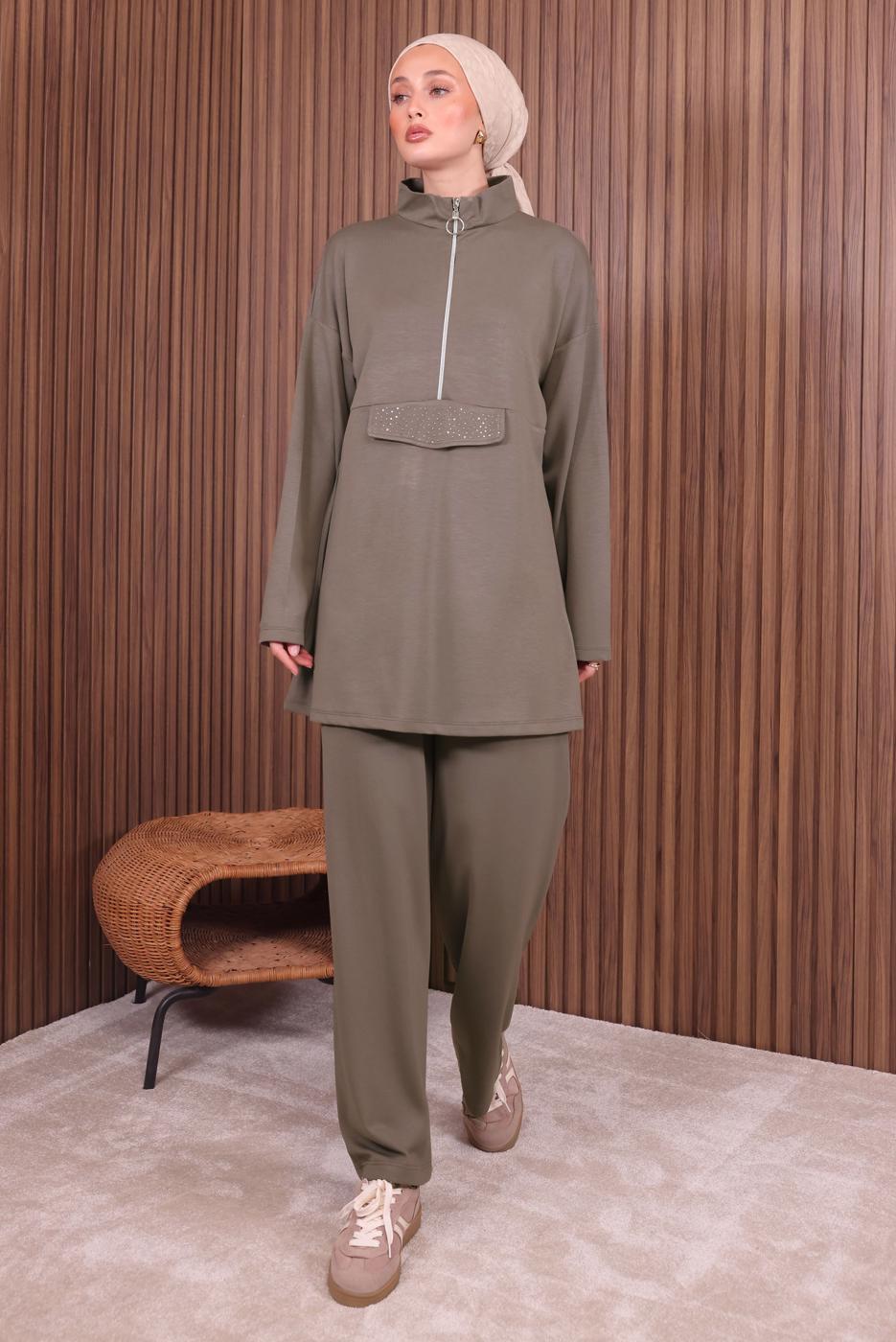 Tesettür giyim VİZON PANTOLONLU FERMUARLI TAKIM T 4035