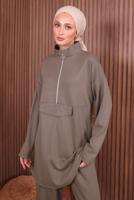 Tesettür giyim VİZON PANTOLONLU FERMUARLI TAKIM T 4035