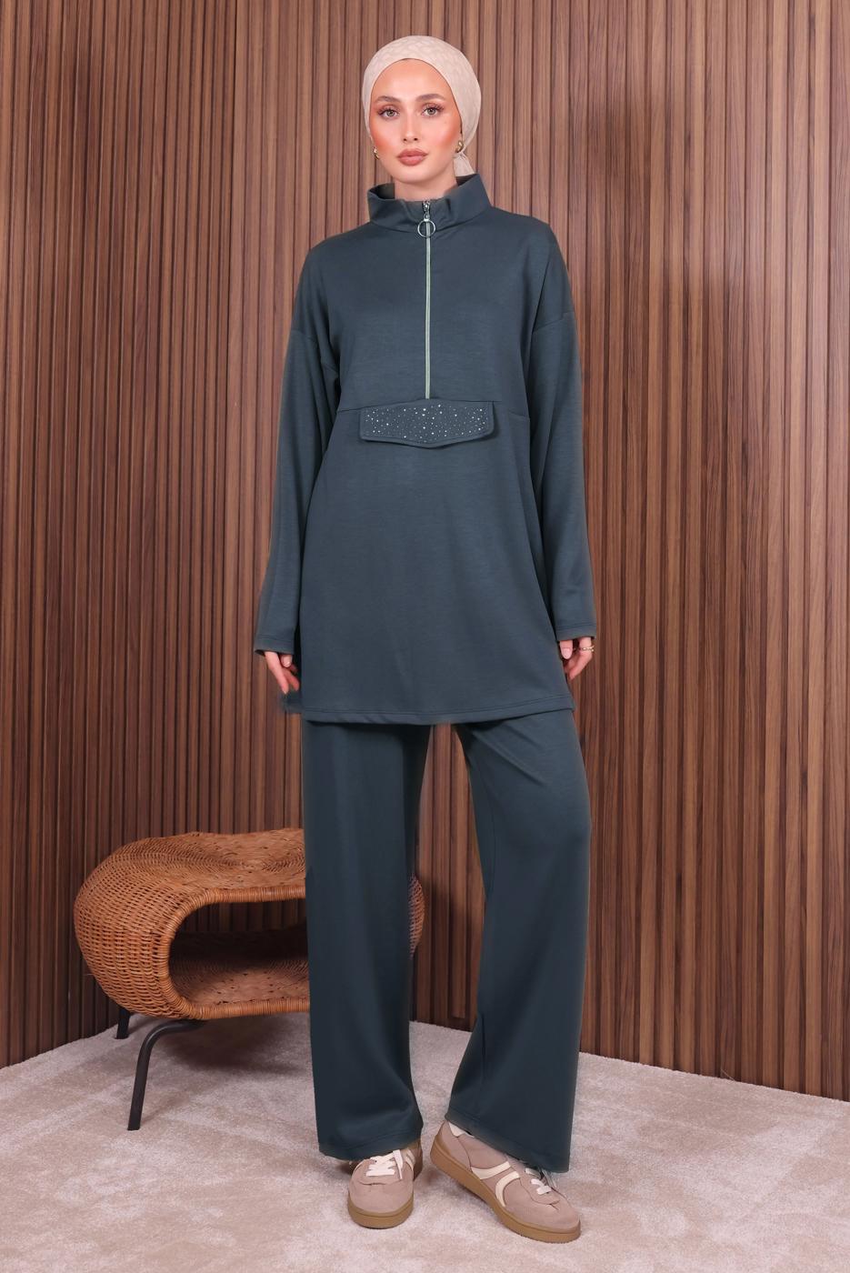 Tesettür giyim GRİ PANTOLONLU FERMUARLI TAKIM T 4035