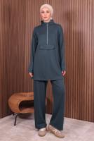 Tesettür giyim GRİ PANTOLONLU FERMUARLI TAKIM T 4035