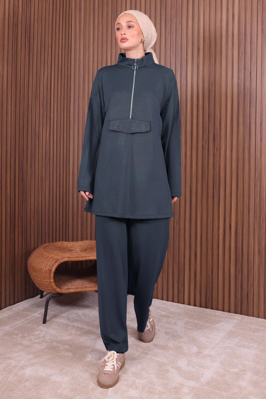 Tesettür giyim GRİ PANTOLONLU FERMUARLI TAKIM T 4035