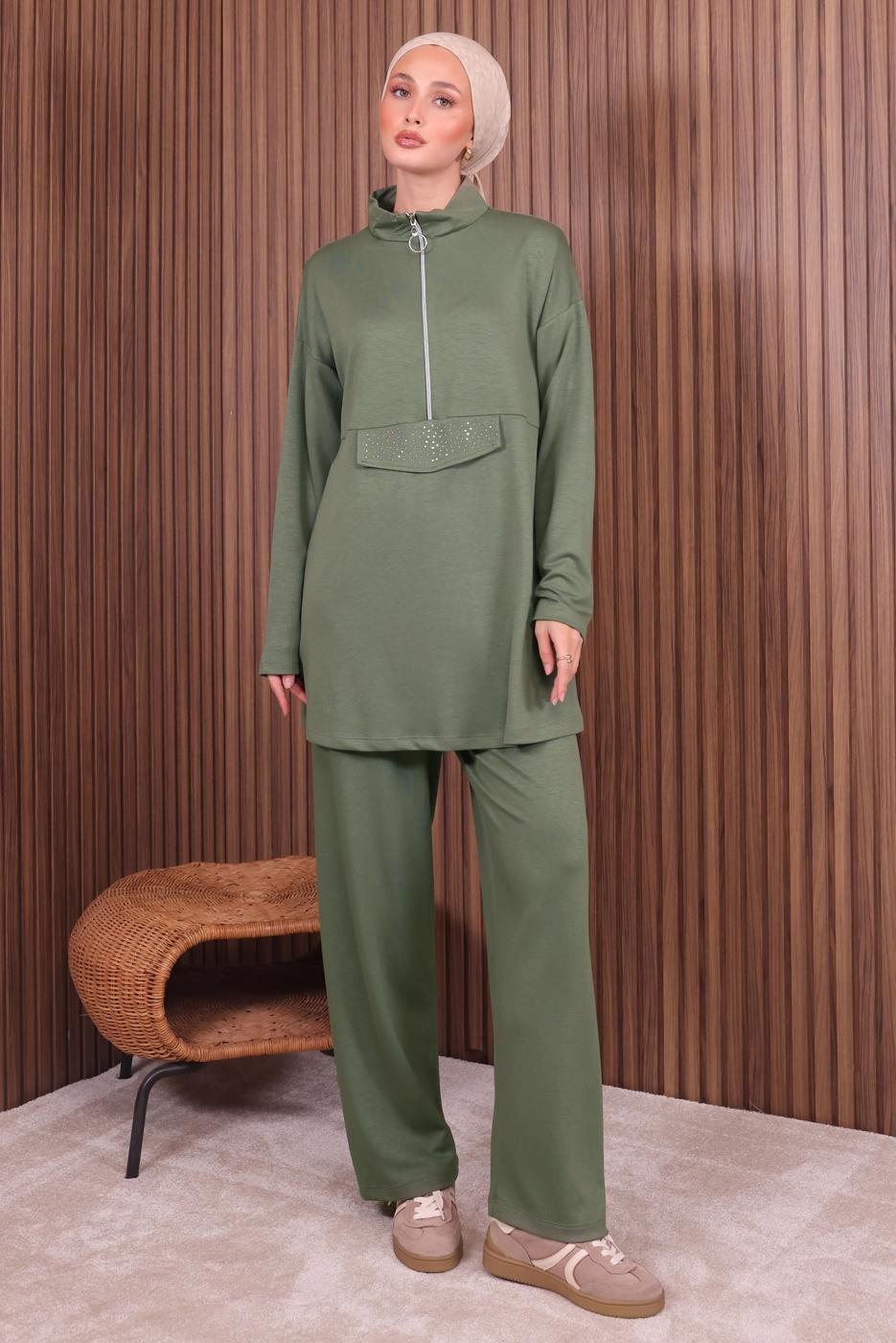 Tesettür giyim YEŞİL PANTOLONLU FERMUARLI TAKIM T 4035