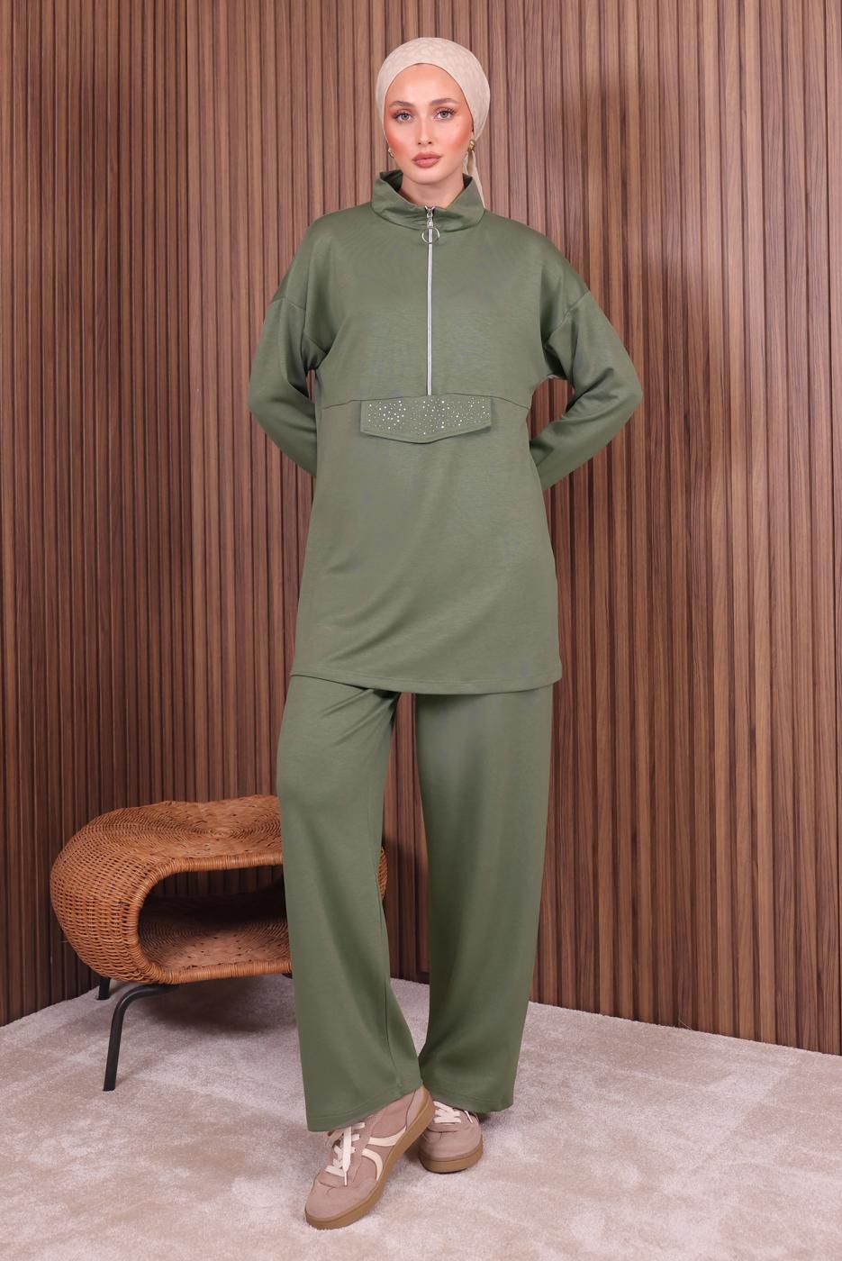 Tesettür giyim YEŞİL PANTOLONLU FERMUARLI TAKIM T 4035
