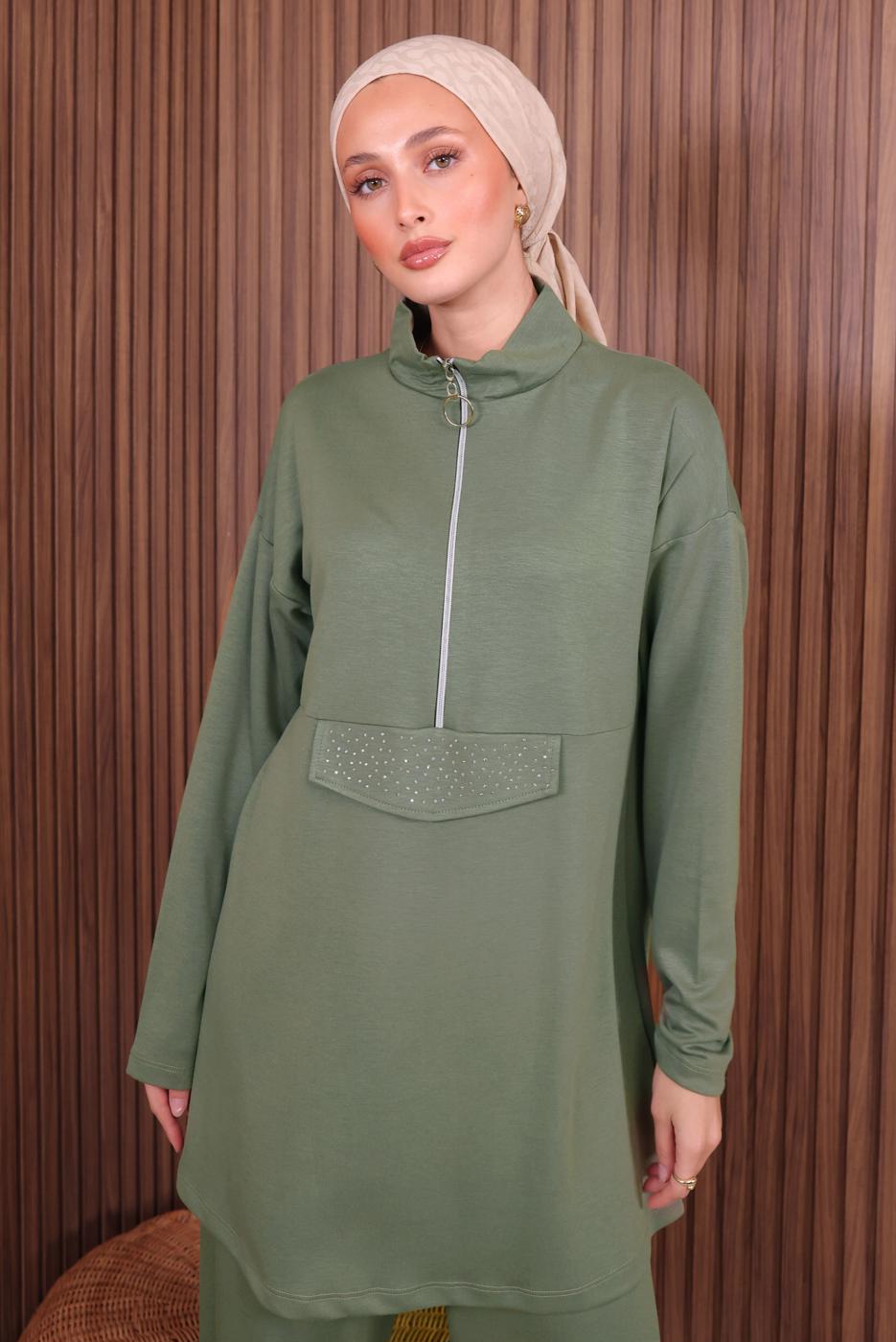 Tesettür giyim YEŞİL PANTOLONLU FERMUARLI TAKIM T 4035