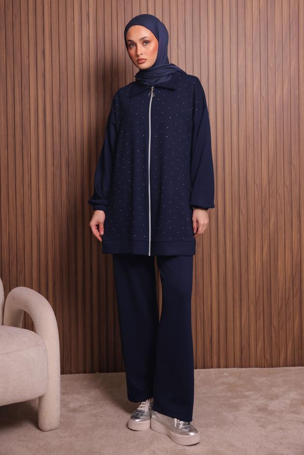 Tesettür giyim LACİVERT T 4117 NSS PANTOLONLU TAKIM - TRENDTESETTÜR