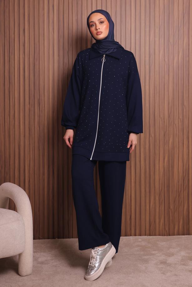 Tesettür giyim LACİVERT T 4117 NSS PANTOLONLU TAKIM - TRENDTESETTÜR