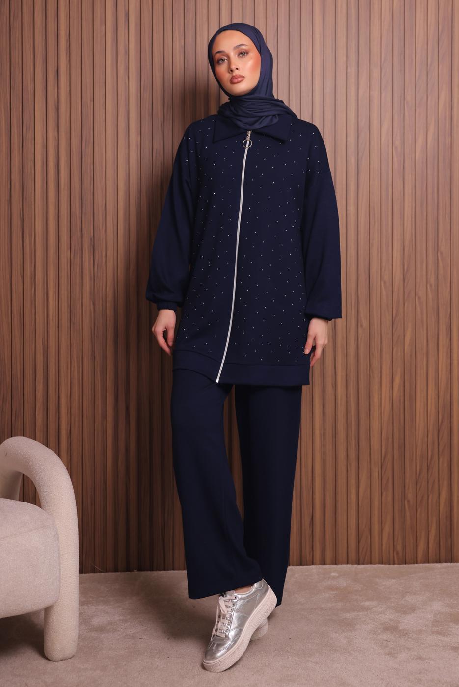 Tesettür giyim LACİVERT TAŞ BASKILI PANTOLONLU TAKIM T 4117