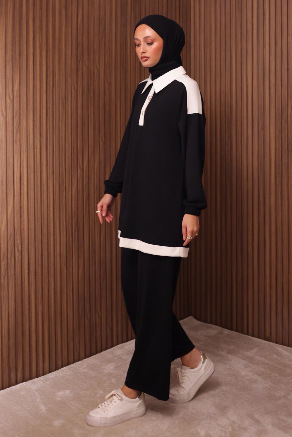 Tesettür giyim SİYAH GÖMLEK YAKALI PANTOLONLU TAKIM T 4135