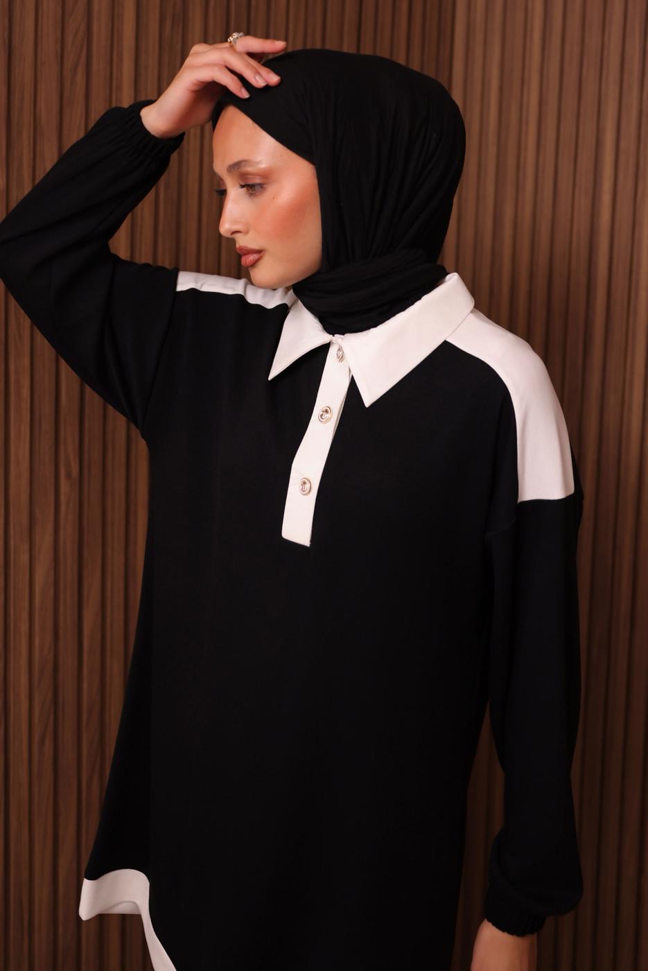 Tesettür giyim SİYAH GÖMLEK YAKALI PANTOLONLU TAKIM T 4135