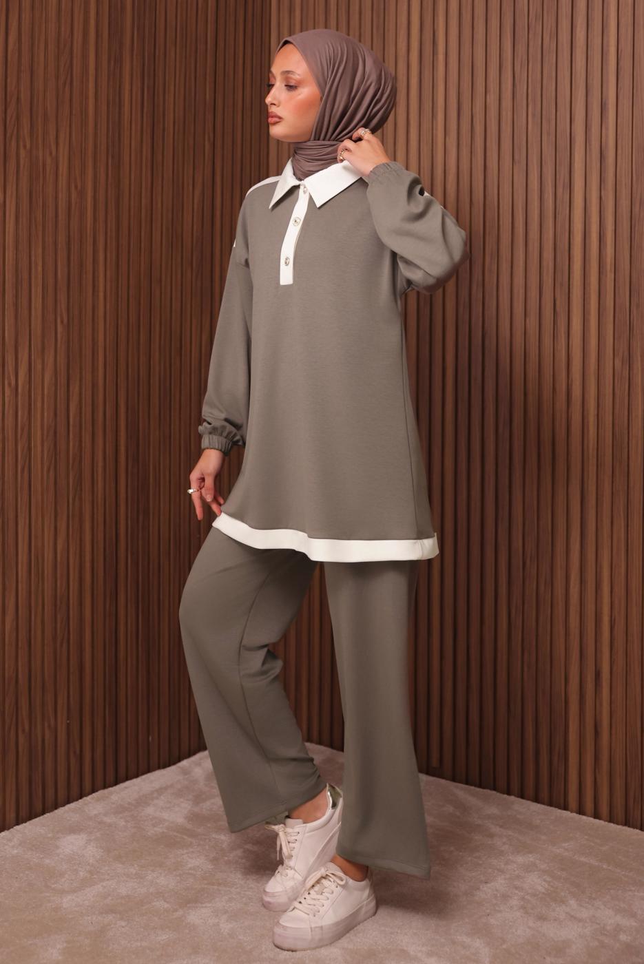 Tesettür giyim VİZON GÖMLEK YAKALI PANTOLONLU TAKIM T 4135