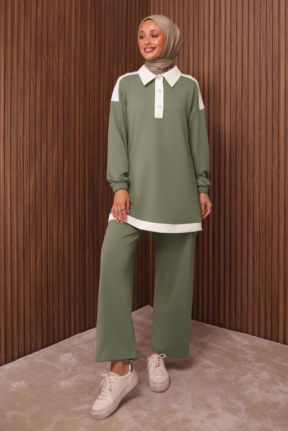 Tesettür giyim YEŞİL GÖMLEK YAKALI PANTOLONLU TAKIM T 4135