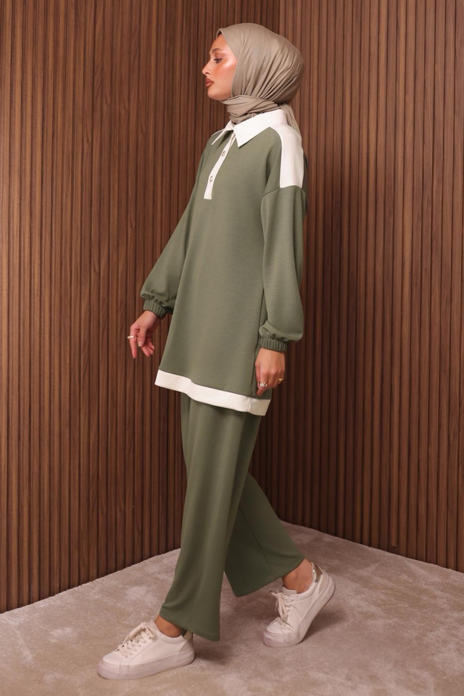 Tesettür giyim YEŞİL GÖMLEK YAKALI PANTOLONLU TAKIM T 4135