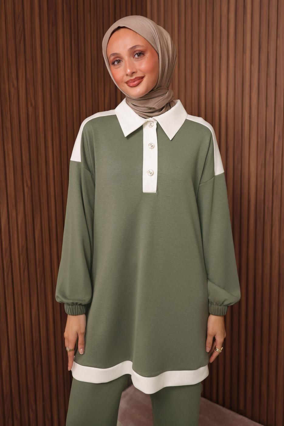 Tesettür giyim YEŞİL GÖMLEK YAKALI PANTOLONLU TAKIM T 4135