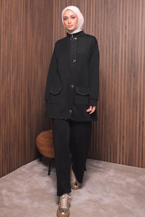 Tesettür giyim SİYAH PANTOLONLU SCUBA ÖRME TAKIM T 4335 - TRENDTESETTÜR