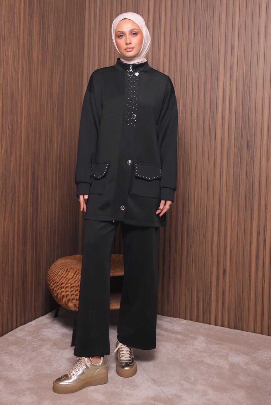 Tesettür giyim SİYAH PANTOLONLU SCUBA ÖRME TAKIM T 4335