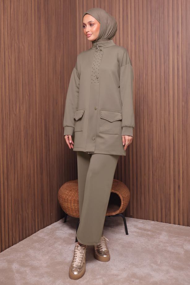 Tesettür giyim BEJ PANTOLONLU SCUBA ÖRME TAKIM T 4335 - TRENDTESETTÜR