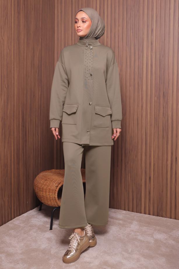 Tesettür giyim BEJ PANTOLONLU SCUBA ÖRME TAKIM T 4335 - TRENDTESETTÜR