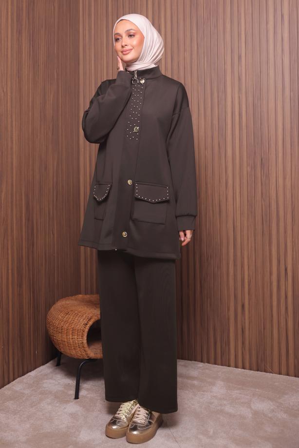 Tesettür giyim KAHVE PANTOLONLU SCUBA ÖRME TAKIM T 4335 - TRENDTESETTÜR