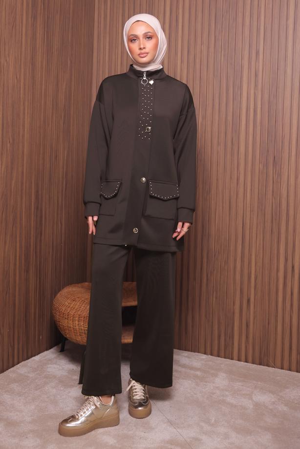Tesettür giyim KAHVE PANTOLONLU SCUBA ÖRME TAKIM T 4335 - TRENDTESETTÜR