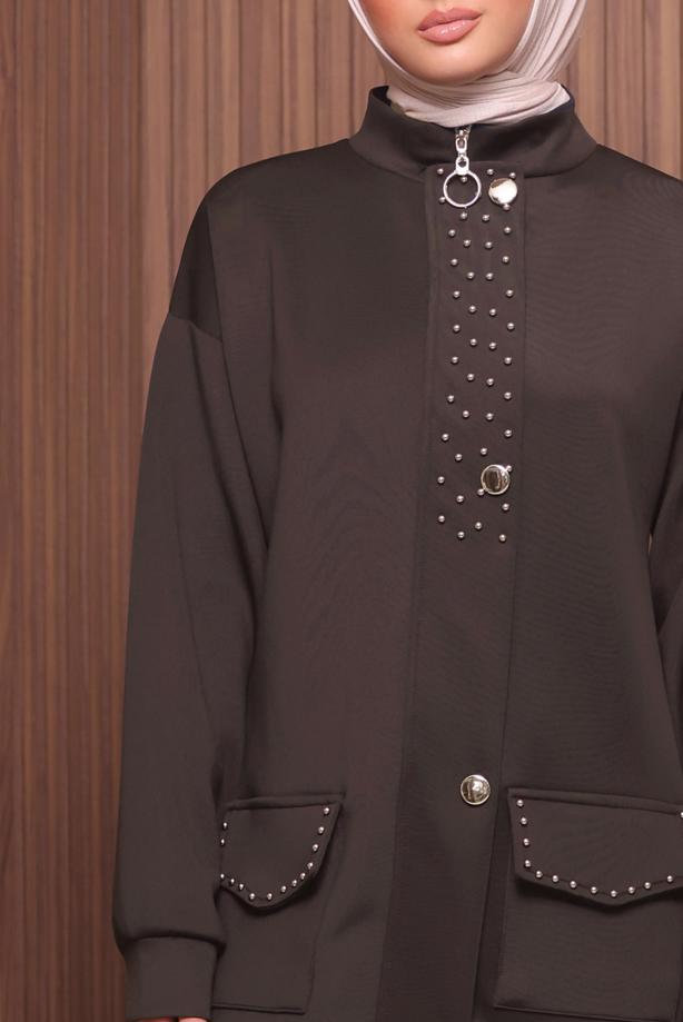 Tesettür giyim KAHVE PANTOLONLU SCUBA ÖRME TAKIM T 4335 - TRENDTESETTÜR