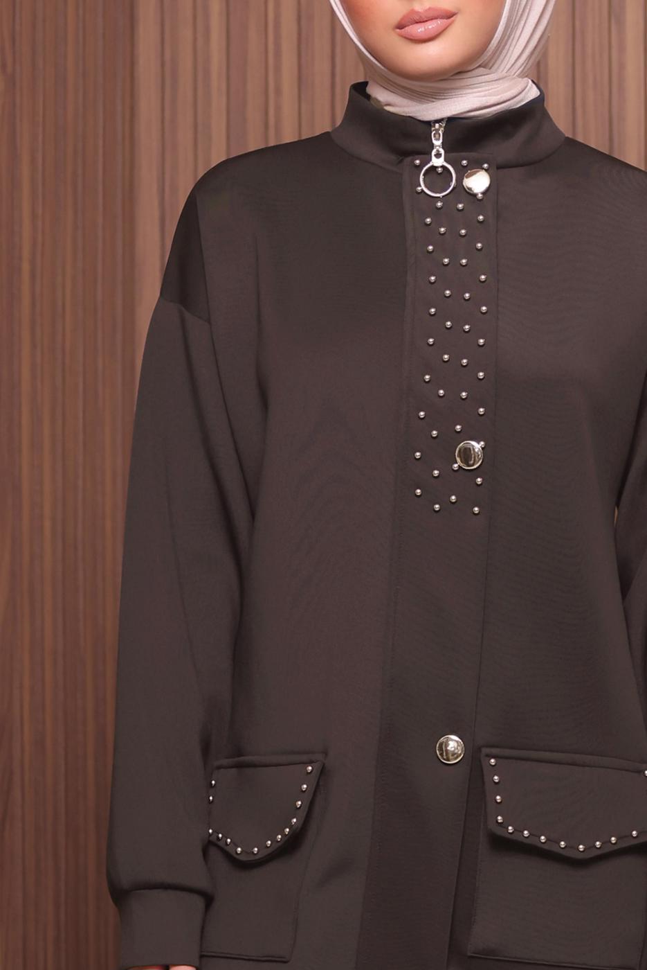 Tesettür giyim KAHVE PANTOLONLU SCUBA ÖRME TAKIM T 4335